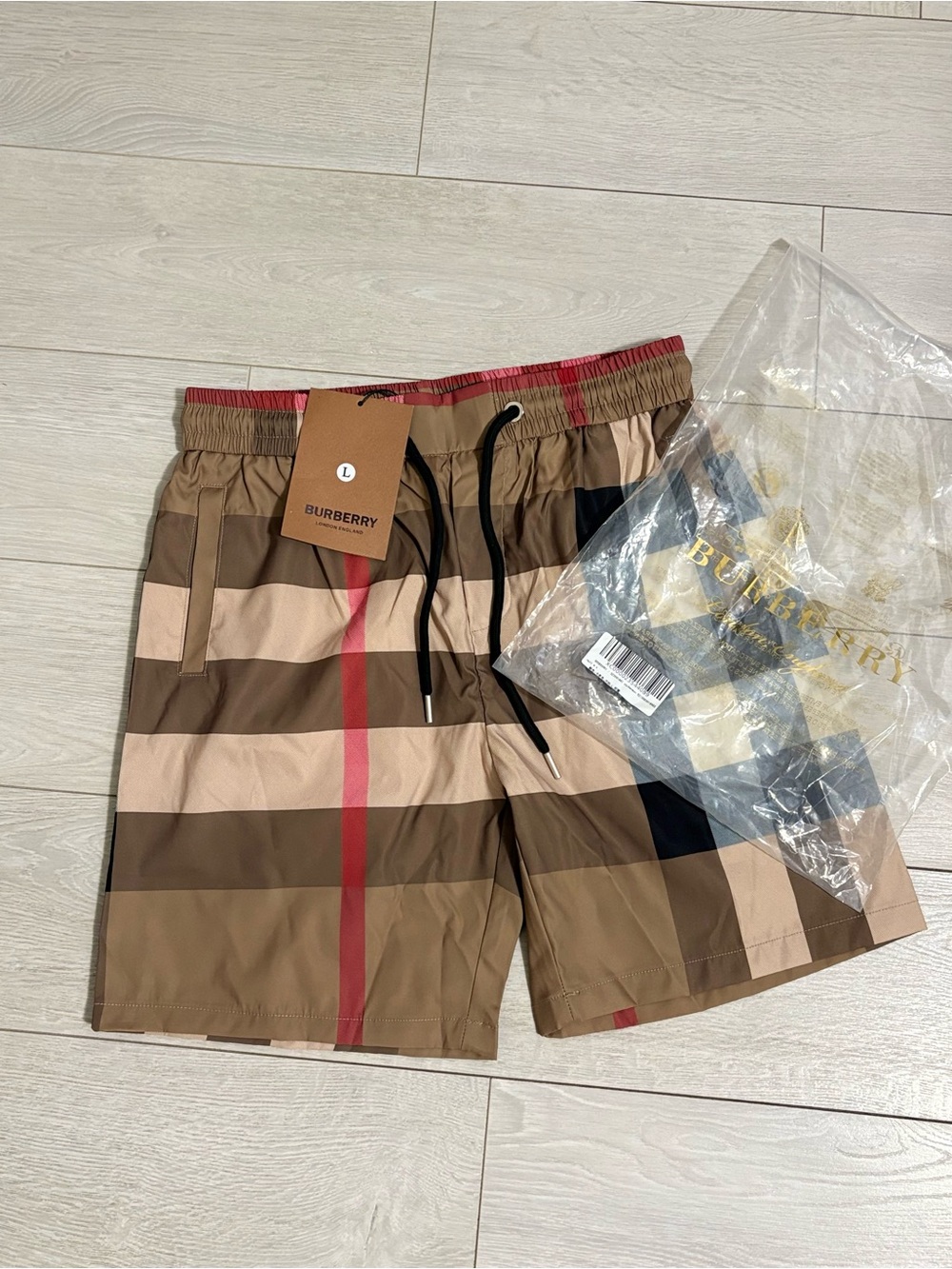 Burberry Men’s Brown Nova Check Swim Trunks with Red Stripe